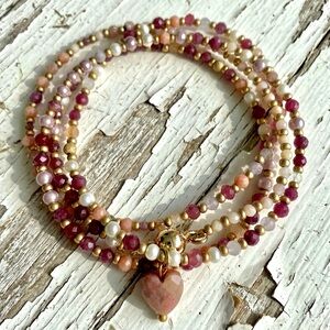 4x Wrap Bracelet w/ Semi-Precious Rubies, Amethyst, Quartz & Pearl